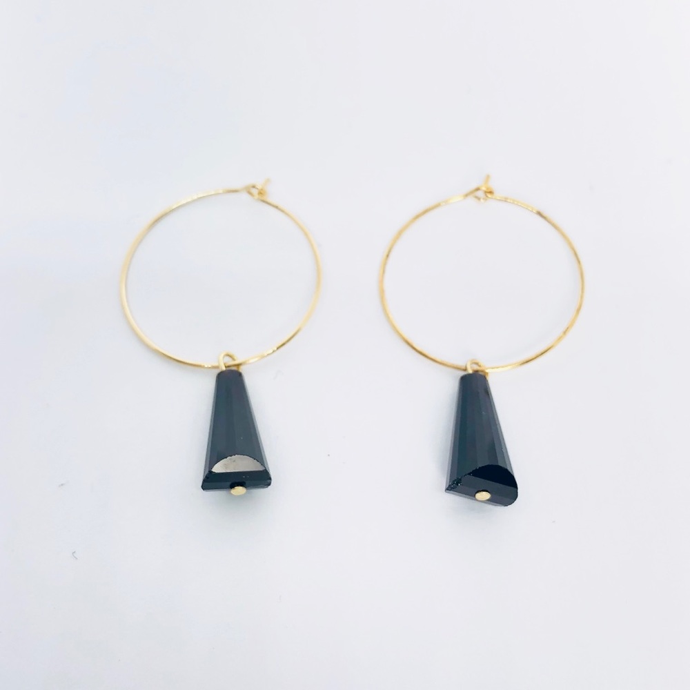 New! Gold Hoop Black Beaded Dangle Earrings - Picture 2 of 3